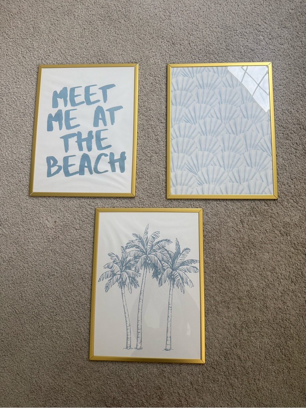 Beach Wall Art Trio in Light Blue with Gold Frames